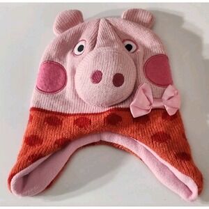2003 Peppa Pig Beanie Kids Pink Red Winter Ear‎ Flap Hat Cartoon Bow